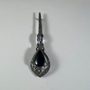 Vintage 925 Sterling Silver Drop Earrings With Black Onyx & Amethyst Gemstones